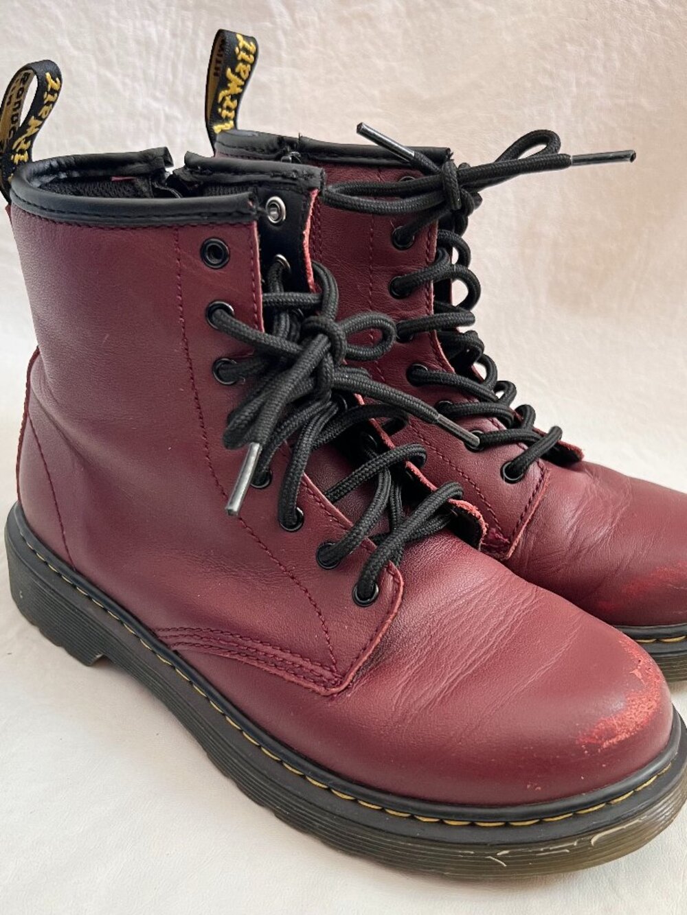 Dr Martens boots 1460 J cherry red leather lace up side zipper youth 3 kids docs